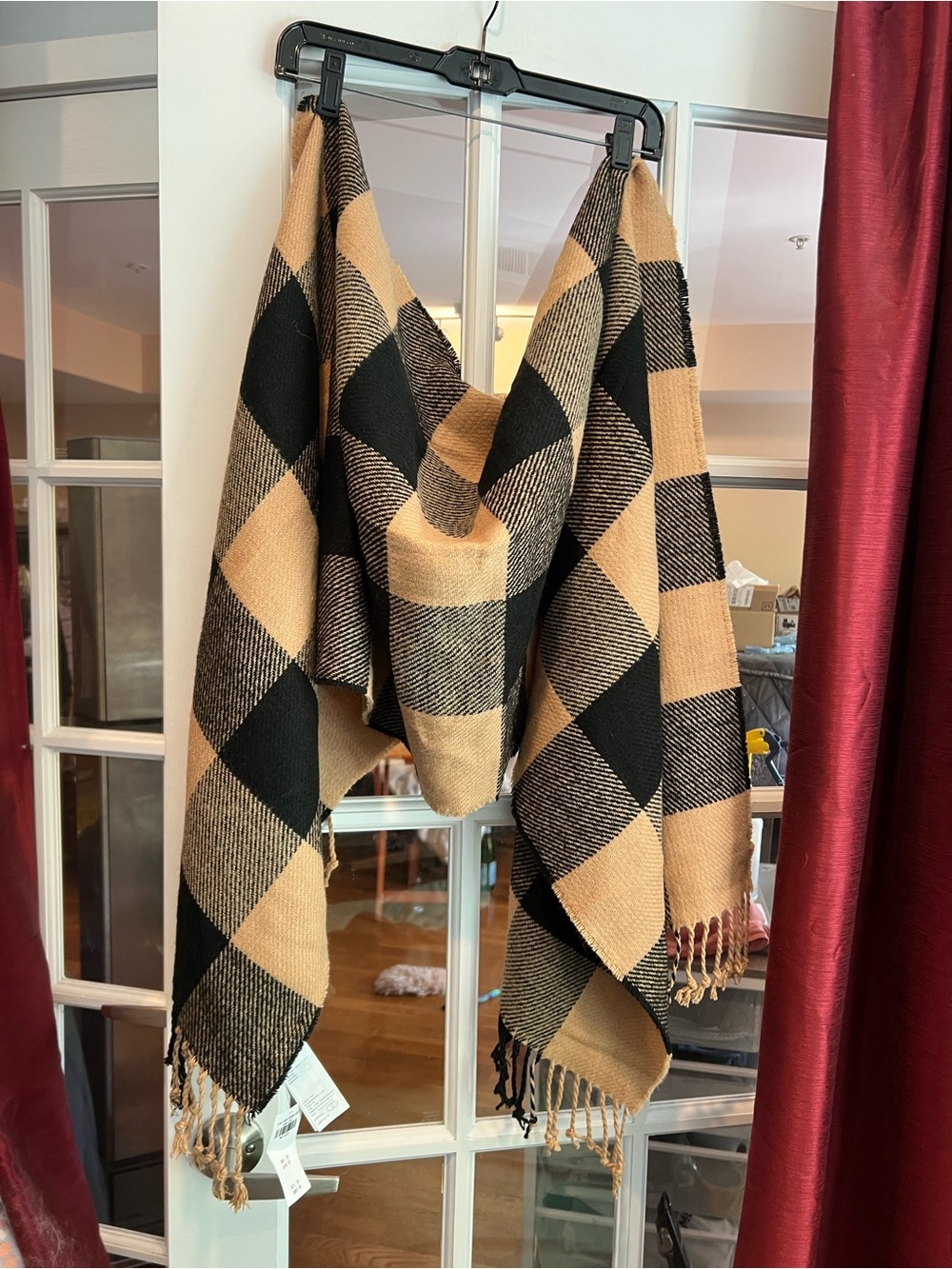 Abercrombie & Fitch Camel and Black Plaid Fringe Wrap Scarf